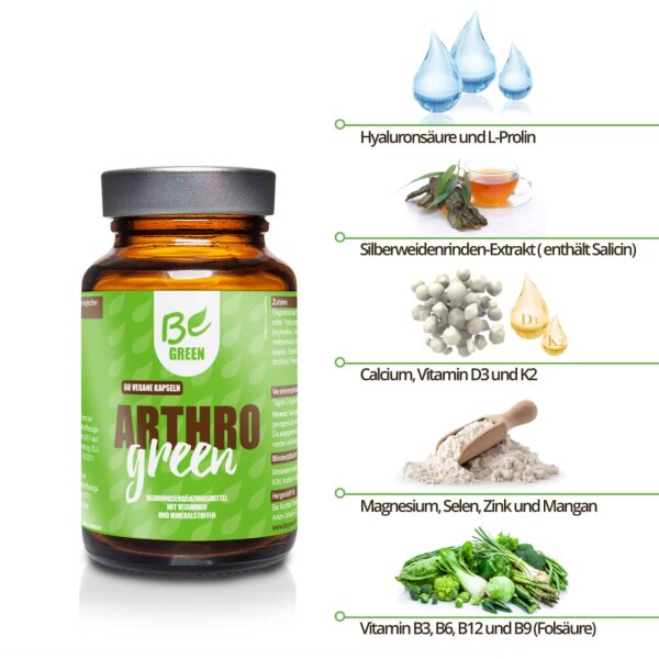 Arthro Green - vegane Arthrose Di&auml;terg&auml;nzung mit Hyalurons&auml;ure, Calcium und Selen